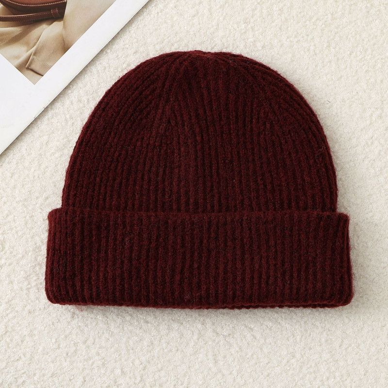 Solid Color Knit Beanie, Unisex Minimal Cuffed Warm Winter Hat with Slim Face Design—Red - Image 1