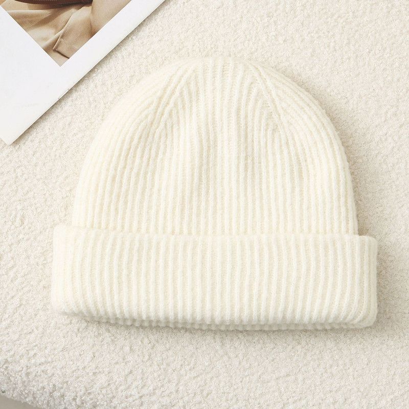 Solid Color Knit Beanie, Unisex Minimal Cuffed Warm Winter Hat with Slim Face Design—White - Image 1