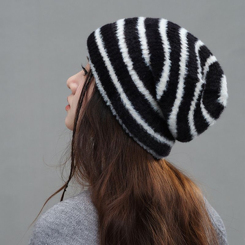 Vintage Stripe Fluffy Knit Beanie, Unisex Slouchy Warm Striped Winter Hat with Slim Face Design—Black - Image 1