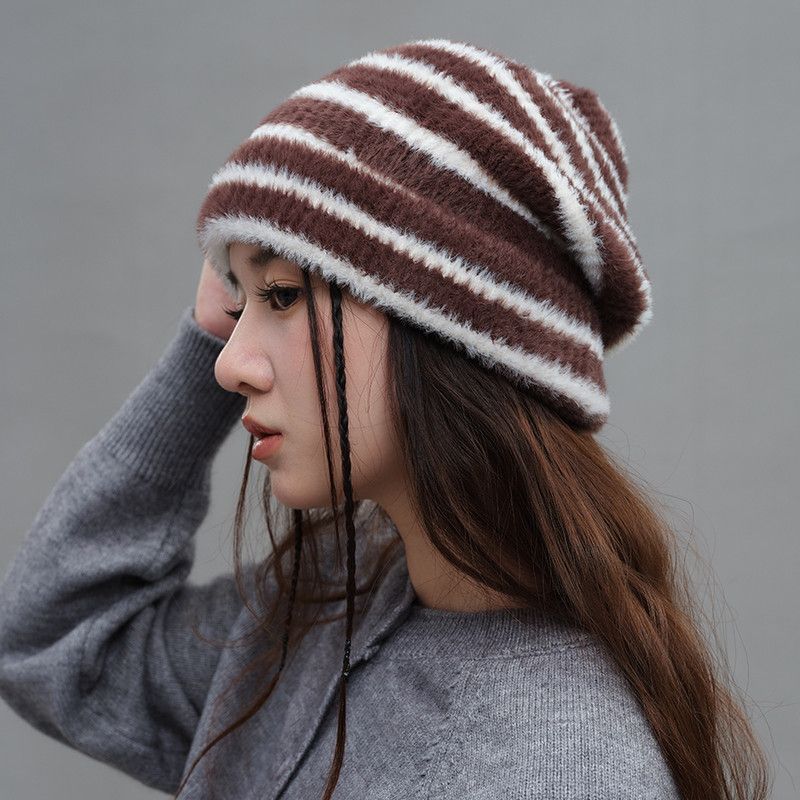Vintage Stripe Fluffy Knit Beanie, Unisex Slouchy Warm Striped Winter Hat with Slim Face Design - Brown - Image 1
