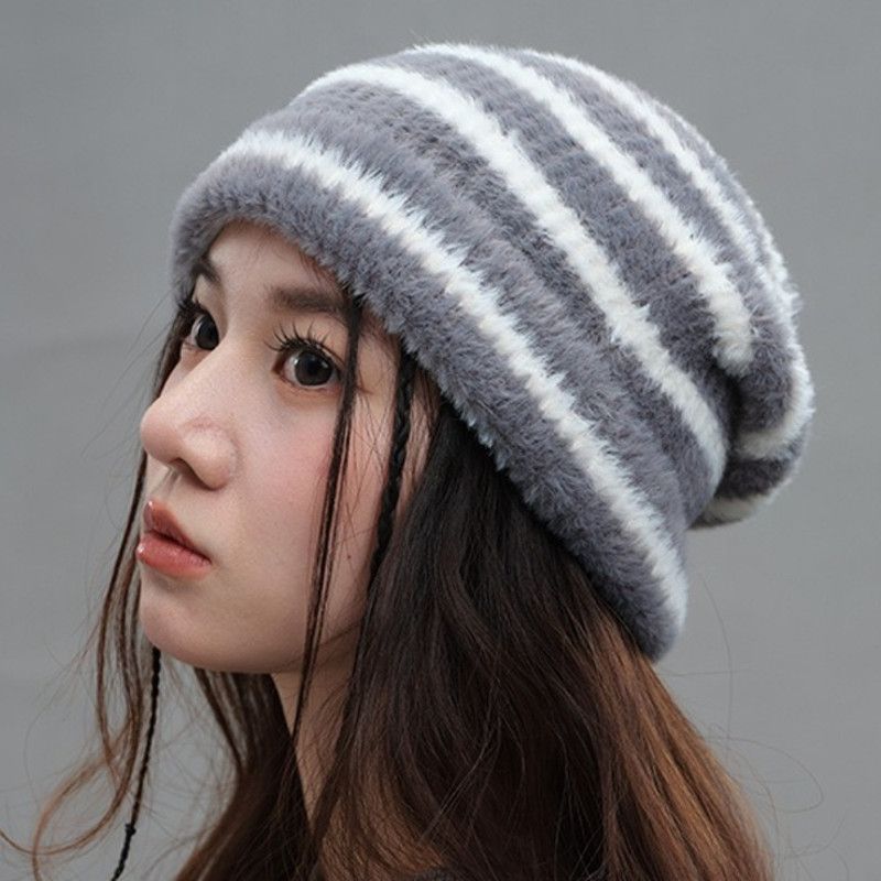 Vintage Stripe Fluffy Knit Beanie, Unisex Slouchy Warm Striped Winter Hat with Slim Face Design—Gray - Image 1