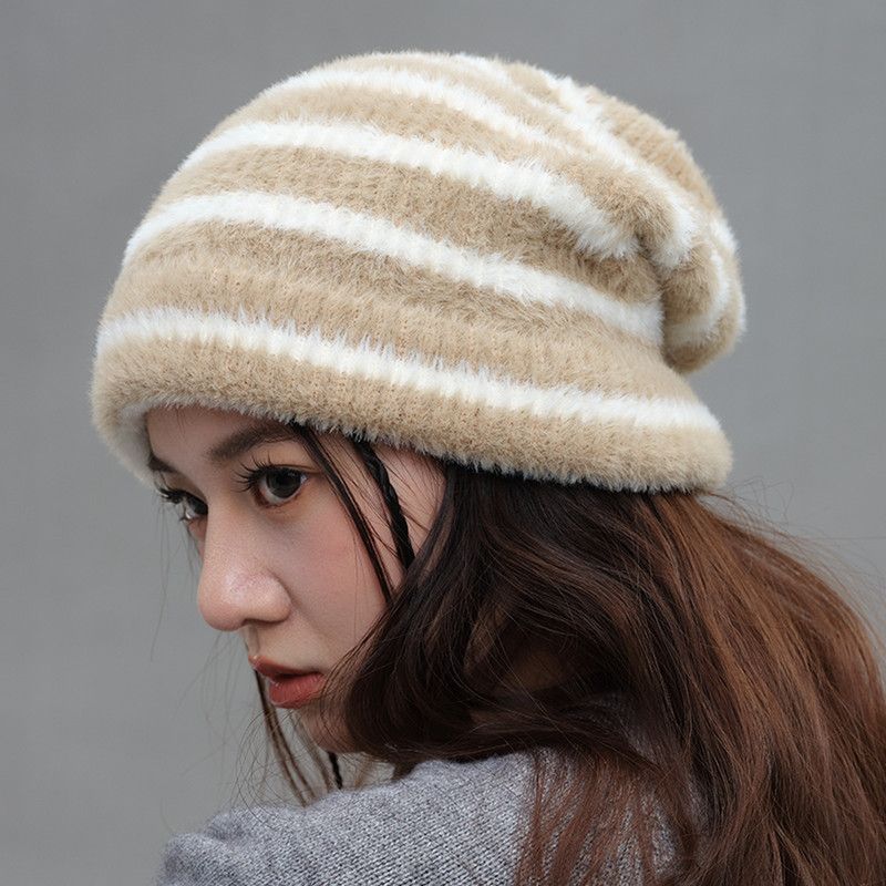 Vintage Stripe Fluffy Knit Beanie, Unisex Slouchy Warm Striped Winter Hat with Slim Face Design—Khaki - Image 1