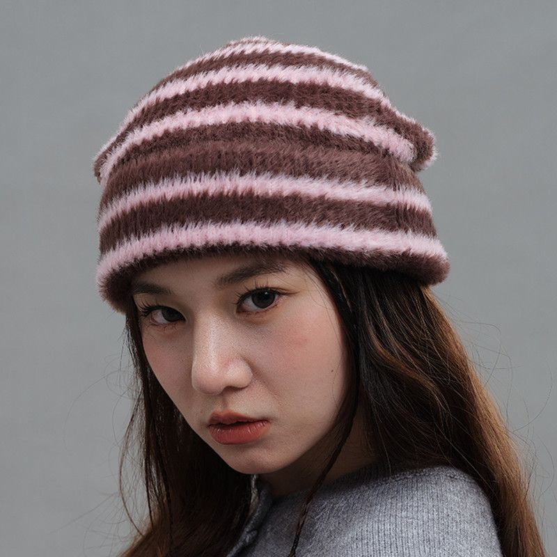 Vintage Stripe Fluffy Knit Beanie, Unisex Slouchy Warm Striped Winter Hat with Slim Face Design - Pink - Image 1