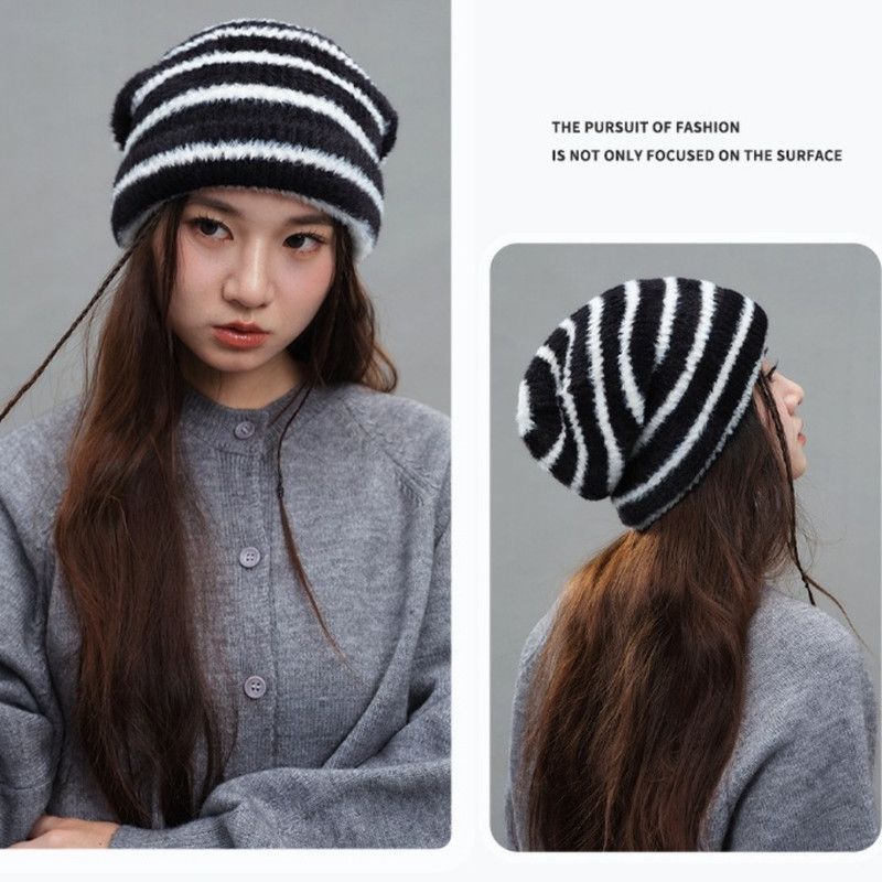 Vintage Stripe Fluffy Knit Beanie, Unisex Slouchy Warm Striped Winter Hat with Slim Face Design - Pink - Image 2