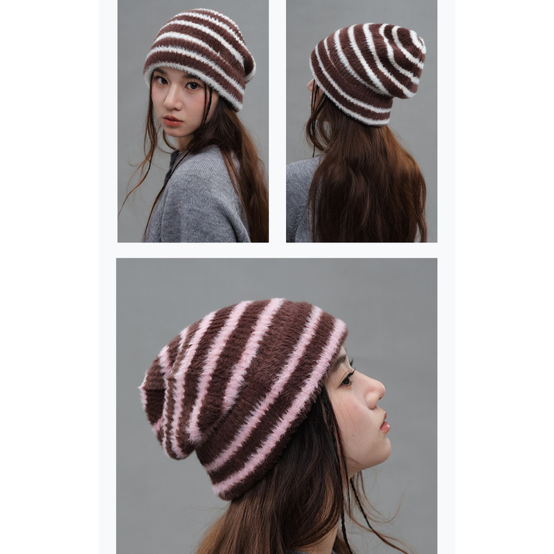 Vintage Stripe Fluffy Knit Beanie, Unisex Slouchy Warm Striped Winter Hat with Slim Face Design - Pink - Image 3