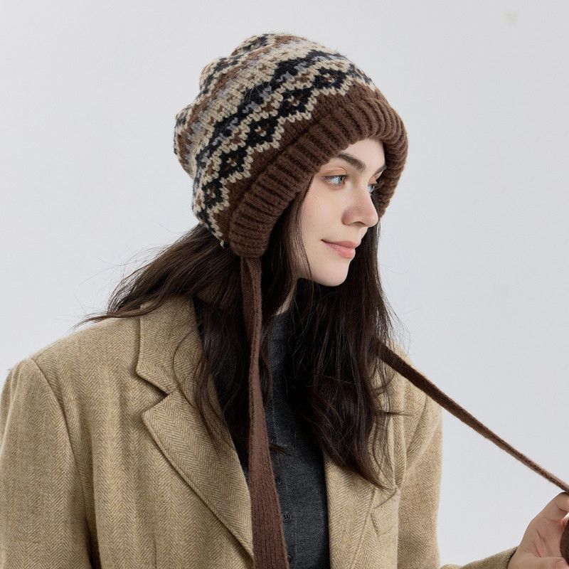 Vintage Ethnic Jacquard Knit Hat with Tie, Warm Winter Slouchy Beanie for Large Head Circumference, Unisex—Black - Image 1