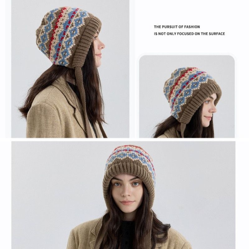 Vintage Ethnic Jacquard Knit Hat with Tie, Warm Winter Slouchy Beanie for Large Head Circumference, Unisex—Black - Image 2