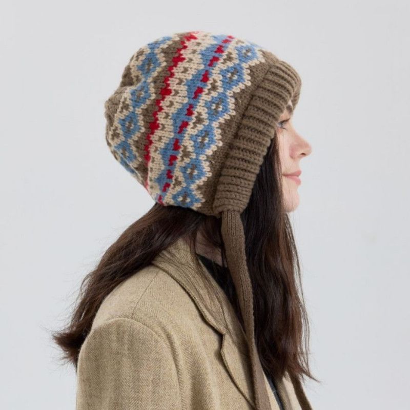 Vintage Ethnic Jacquard Knit Hat with Tie, Warm Winter Slouchy Beanie for Large Head Circumference, Unisex—Blue - Image 1