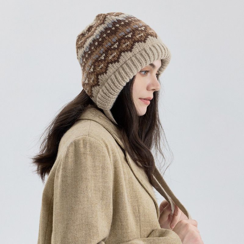 Vintage Ethnic Jacquard Knit Hat with Tie, Warm Winter Slouchy Beanie for Large Head Circumference, Unisex - Brown - Image 1