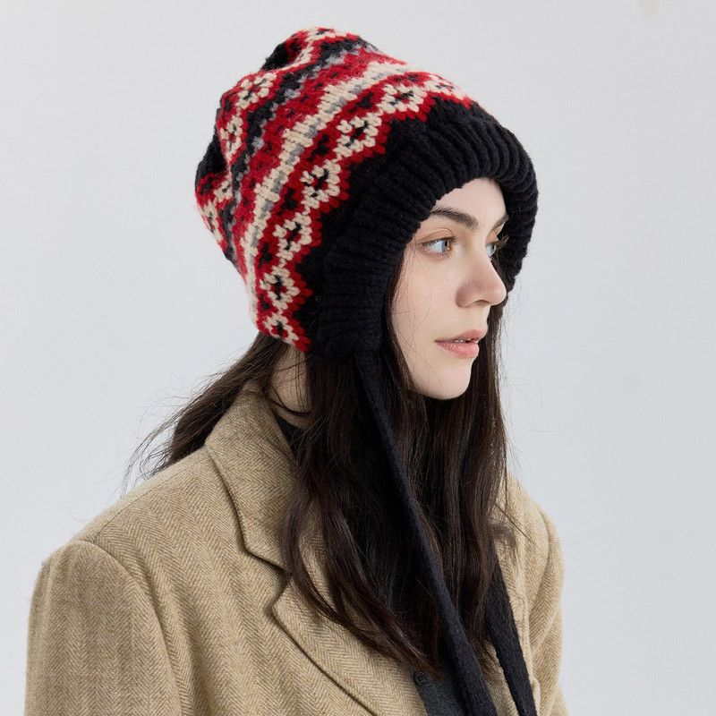 Vintage Ethnic Jacquard Knit Hat with Tie, Warm Winter Slouchy Beanie for Large Head Circumference, Unisex - Red - Image 1