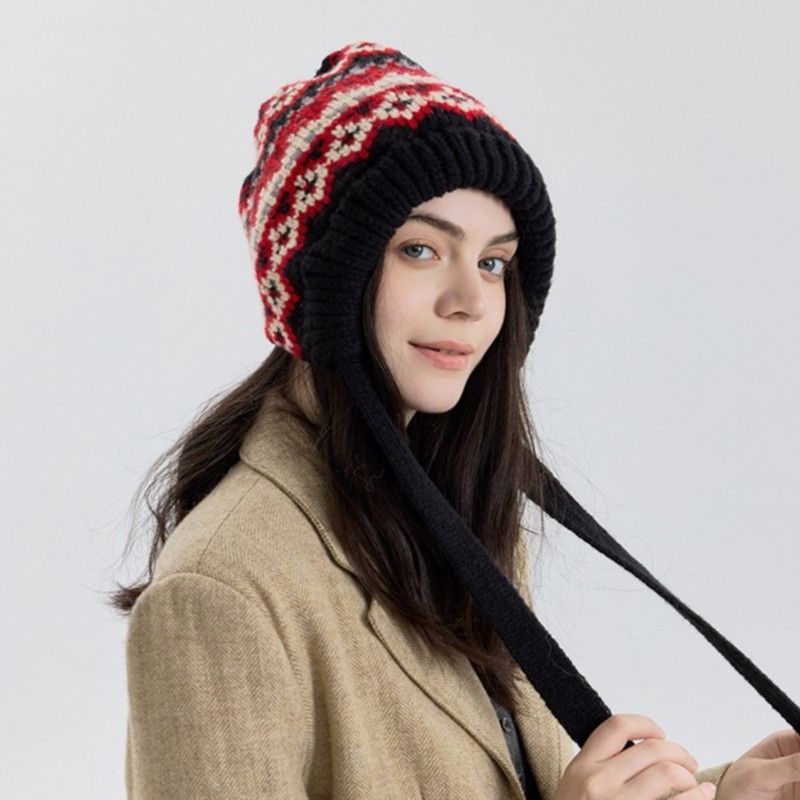 Vintage Ethnic Jacquard Knit Hat with Tie, Warm Winter Slouchy Beanie for Large Head Circumference, Unisex - Red - Image 3