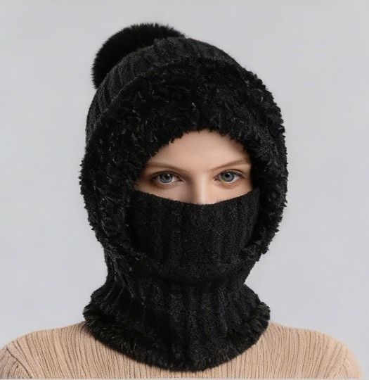 Integrated Knit Hat, Women's Windproof Warm Pom-Pom Hat with Face Cover & Neck Warmer for Winter Cycling - Black - Image 1