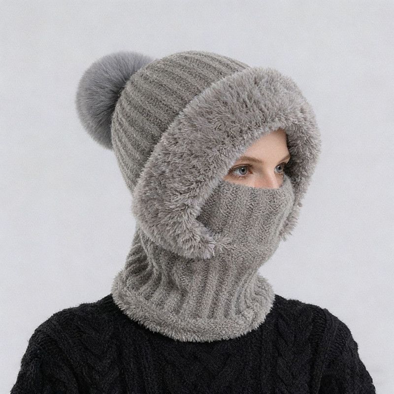 Integrated Knit Hat, Women's Windproof Warm Pom-Pom Hat with Face Cover & Neck Warmer for Winter Cycling - Gray - Image 1