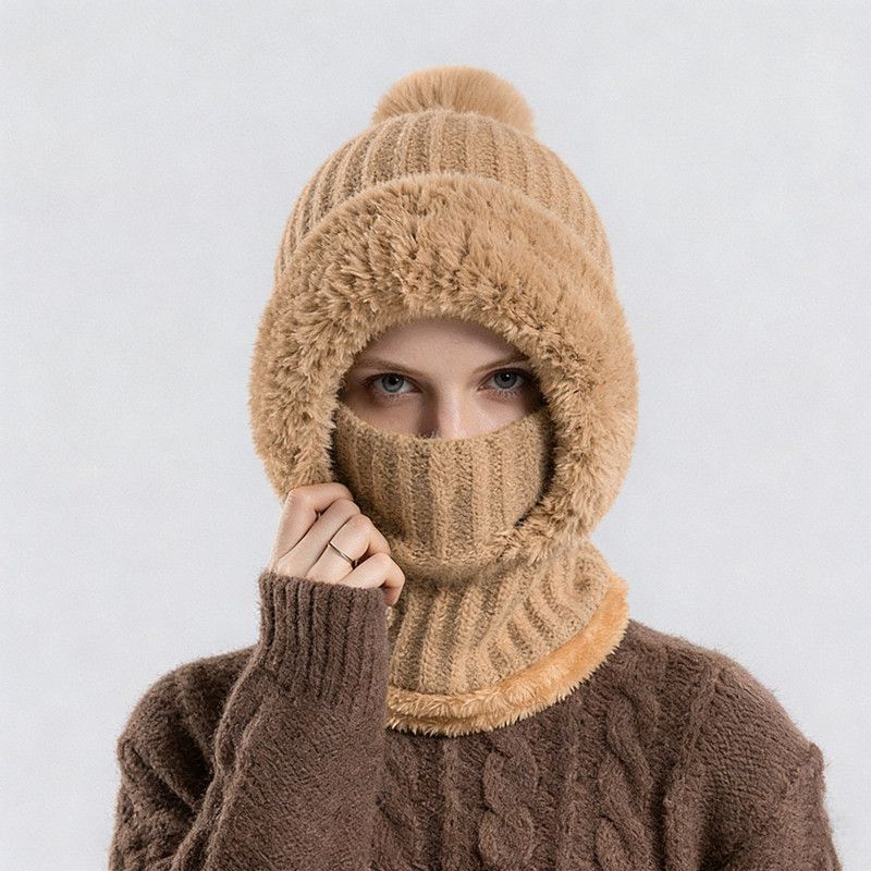 Integrated Knit Hat, Women's Windproof Warm Pom-Pom Hat with Face Cover & Neck Warmer for Winter Cycling - Khaki - Image 1