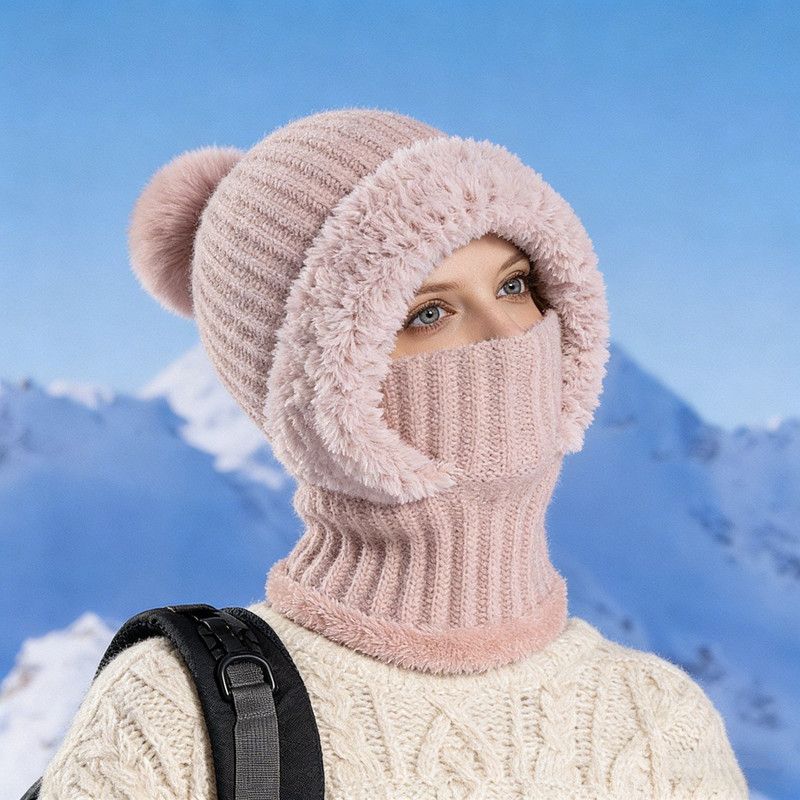 Integrated Knit Hat, Women's Windproof Warm Pom-Pom Hat with Face Cover & Neck Warmer for Winter Cycling - Pink - Image 1