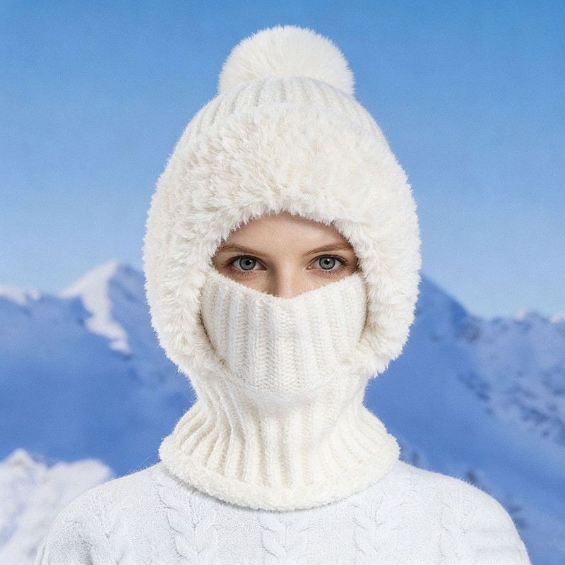 Integrated Knit Hat, Women's Windproof Warm Pom-Pom Hat with Face Cover & Neck Warmer for Winter Cycling - White - Image 1