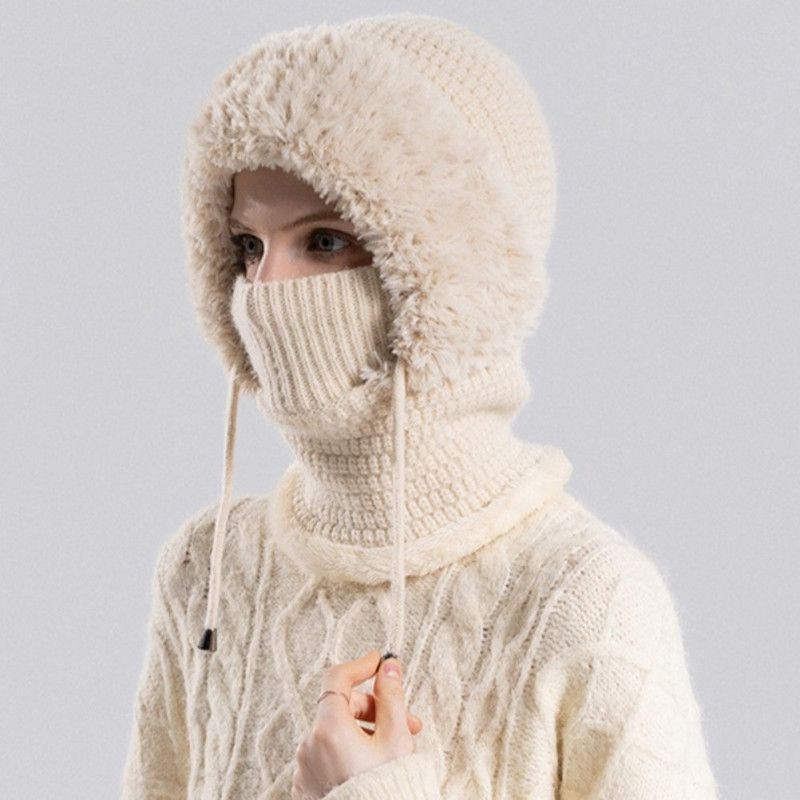 Fleece Ear Protection Integrated Knit Hat, Women's Windproof Balaclava Hat with Face Mask & Neck Warmer - Beige - Image 1