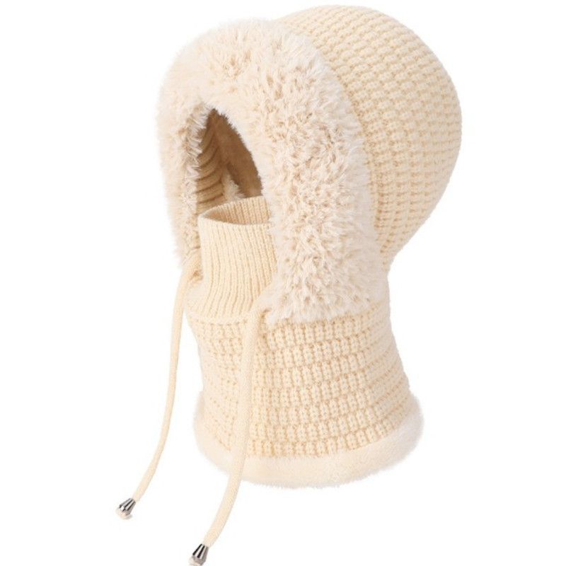 Fleece Ear Protection Integrated Knit Hat, Women's Windproof Balaclava Hat with Face Mask & Neck Warmer - Beige - Image 2