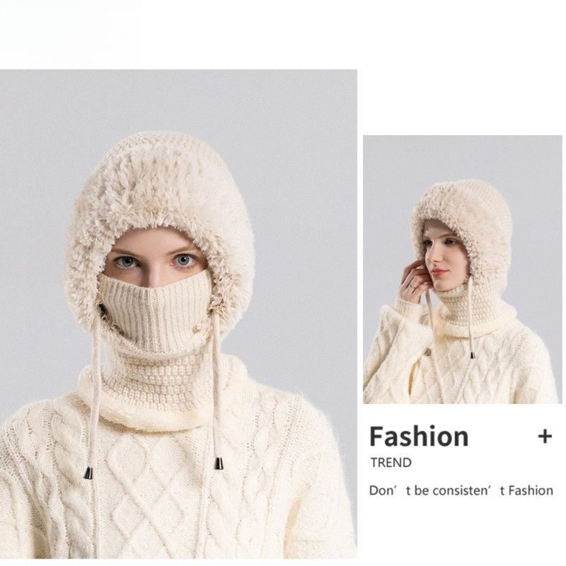 Fleece Ear Protection Integrated Knit Hat, Women's Windproof Balaclava Hat with Face Mask & Neck Warmer - Beige - Image 3