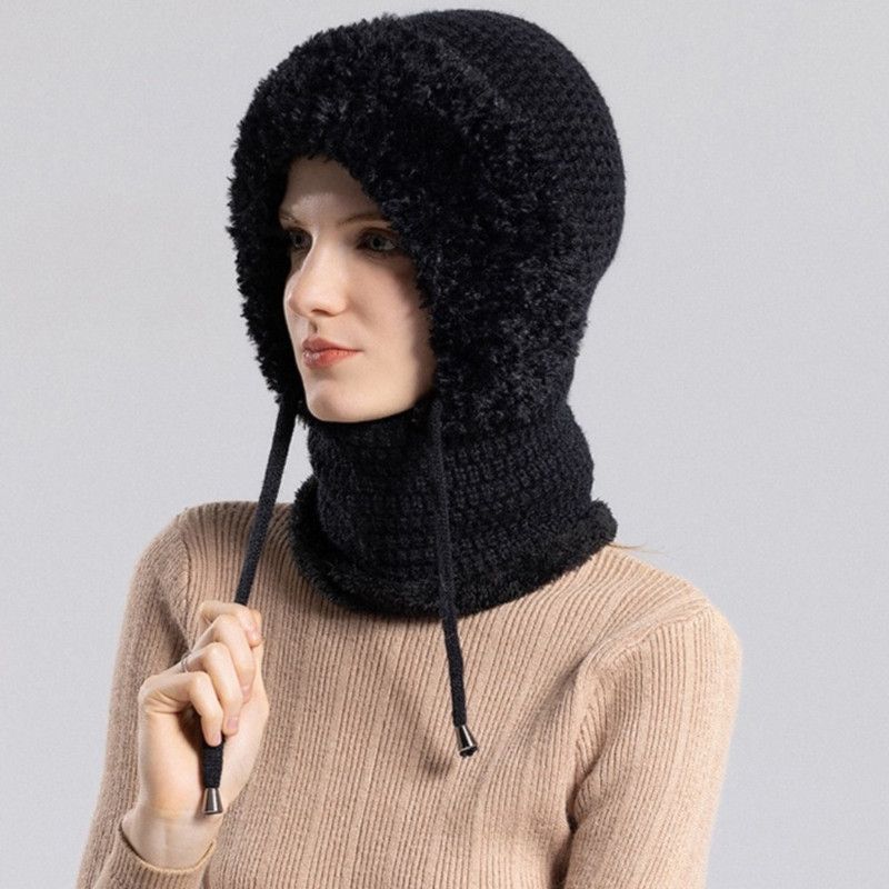 Fleece Ear Protection Integrated Knit Hat, Women's Windproof Balaclava Hat with Face Mask & Neck Warmer - Black - Image 1