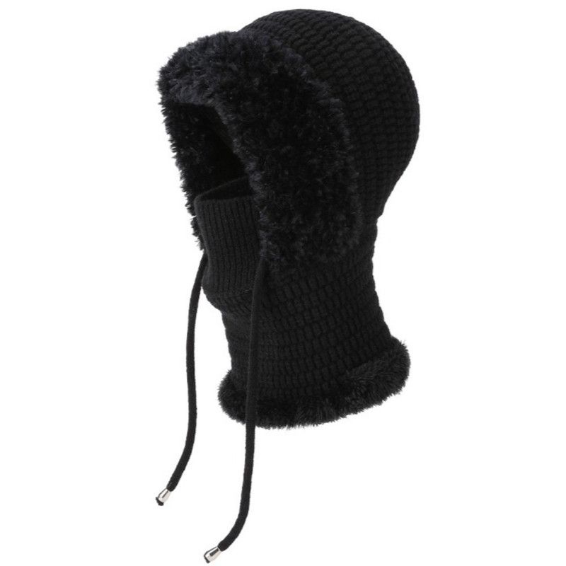 Fleece Ear Protection Integrated Knit Hat, Women's Windproof Balaclava Hat with Face Mask & Neck Warmer - Black - Image 2
