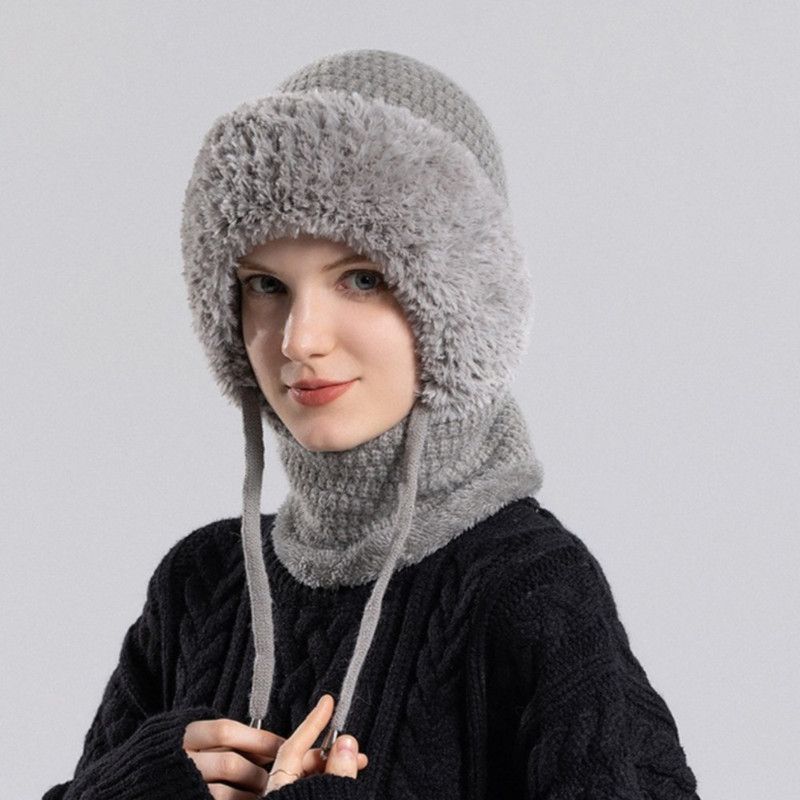 Fleece Ear Protection Integrated Knit Hat, Women's Windproof Balaclava Hat with Face Mask & Neck Warmer—Gray - Image 1