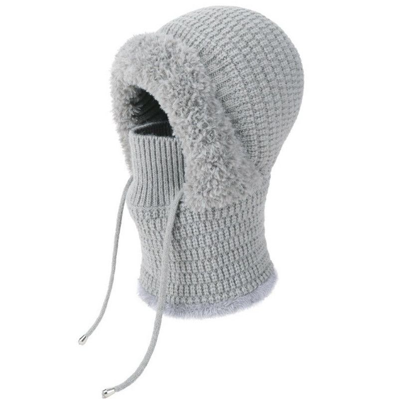 Fleece Ear Protection Integrated Knit Hat, Women's Windproof Balaclava Hat with Face Mask & Neck Warmer—Gray - Image 2