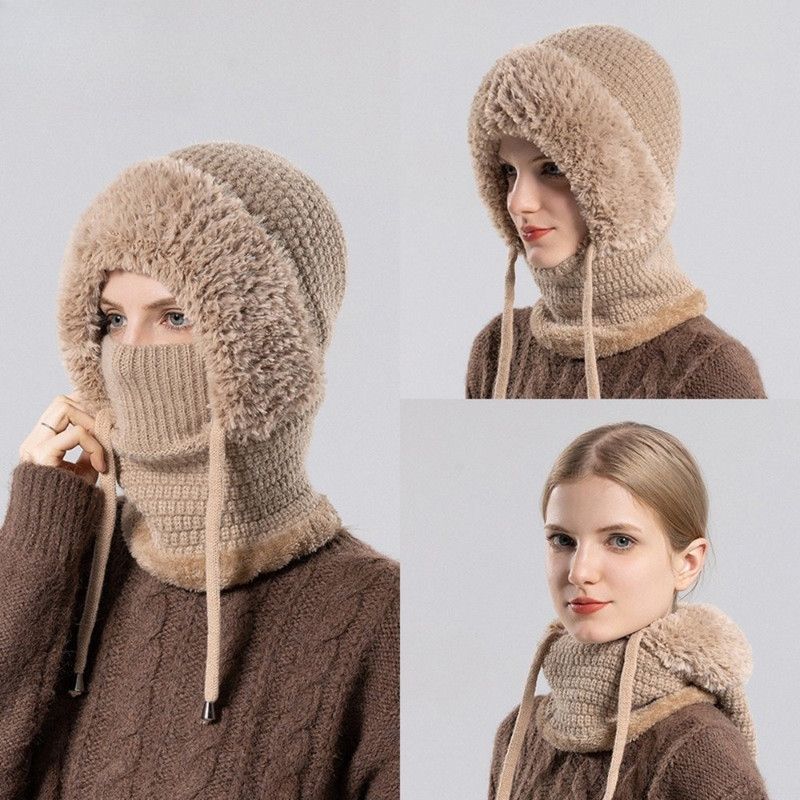 Fleece Ear Protection Integrated Knit Hat, Women's Windproof Balaclava Hat with Face Mask & Neck Warmer - Khaki - Image 1