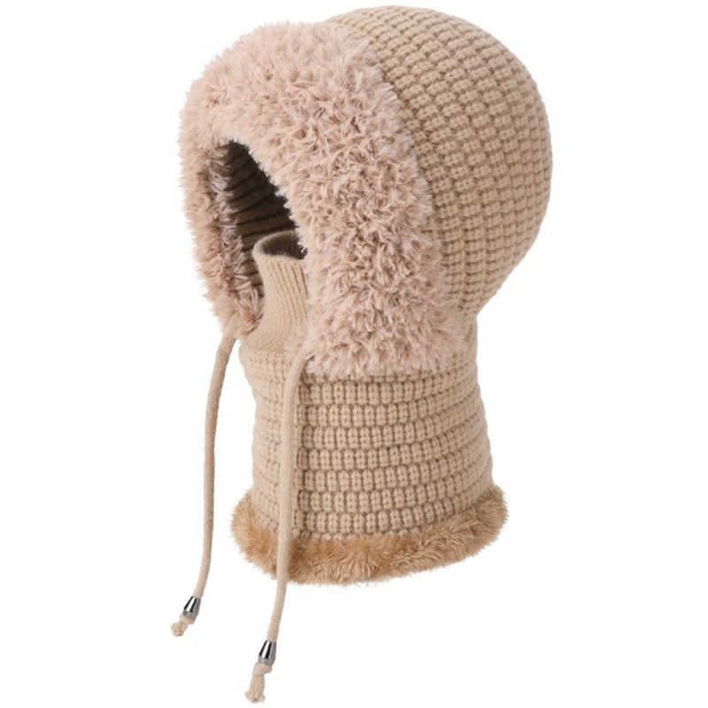 Fleece Ear Protection Integrated Knit Hat, Women's Windproof Balaclava Hat with Face Mask & Neck Warmer - Khaki - Image 2