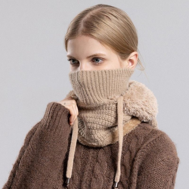 Fleece Ear Protection Integrated Knit Hat, Women's Windproof Balaclava Hat with Face Mask & Neck Warmer - Khaki - Image 3