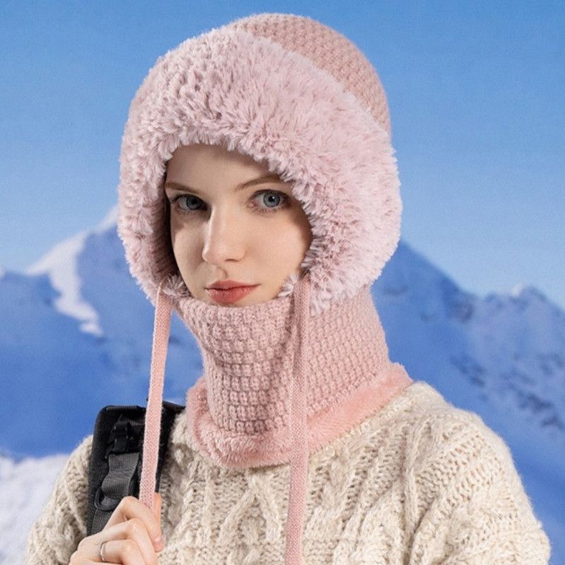Fleece Ear Protection Integrated Knit Hat, Women's Windproof Balaclava Hat with Face Mask & Neck Warmer—Pink - Image 1