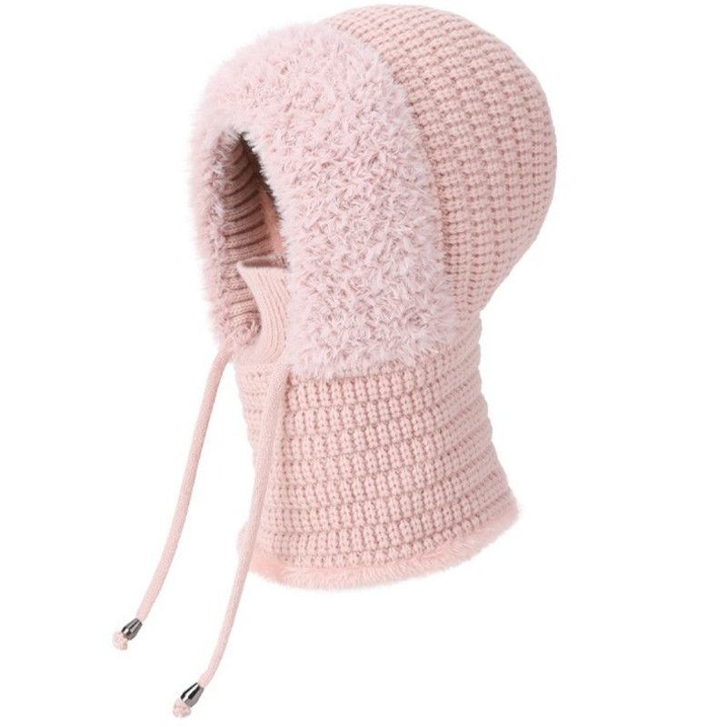 Fleece Ear Protection Integrated Knit Hat, Women's Windproof Balaclava Hat with Face Mask & Neck Warmer—Pink - Image 2
