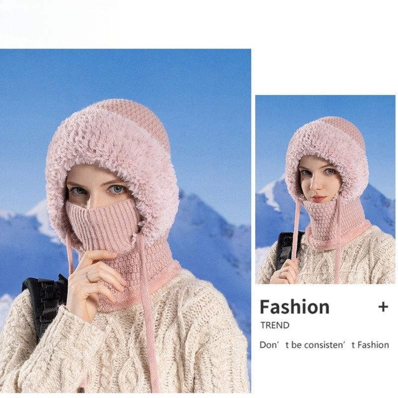 Fleece Ear Protection Integrated Knit Hat, Women's Windproof Balaclava Hat with Face Mask & Neck Warmer—Pink - Image 3