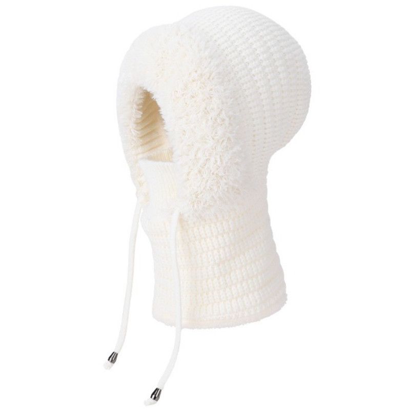 Fleece Ear Protection Integrated Knit Hat, Women's Windproof Balaclava Hat with Face Mask & Neck Warmer—White - Image 1