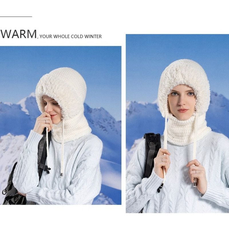 Fleece Ear Protection Integrated Knit Hat, Women's Windproof Balaclava Hat with Face Mask & Neck Warmer—White - Image 2