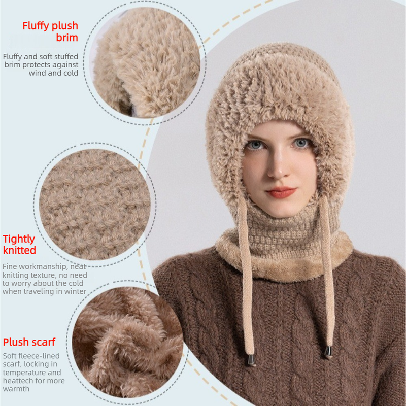 Fleece Ear Protection Integrated Knit Hat, Women's Windproof Balaclava Hat with Face Mask & Neck Warmer—White - Image 4