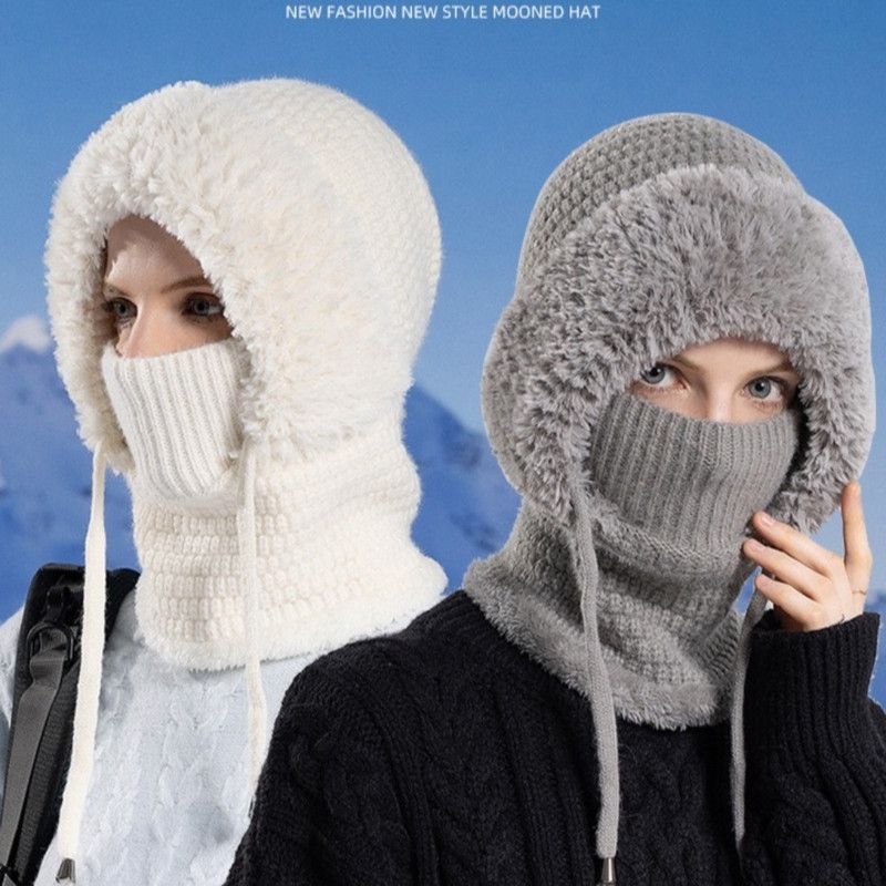Fleece Ear Protection Integrated Knit Hat, Women's Windproof Balaclava Hat with Face Mask & Neck Warmer—White - Image 6