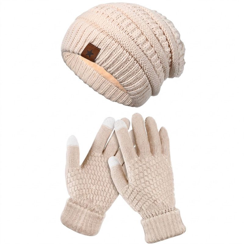 Vintage Cable-Knit Fleece-Lined Beanie & Touchscreen Gloves Set, Women's Warm Winter Knit Hat 2-Piece Set—Beige - Image 1