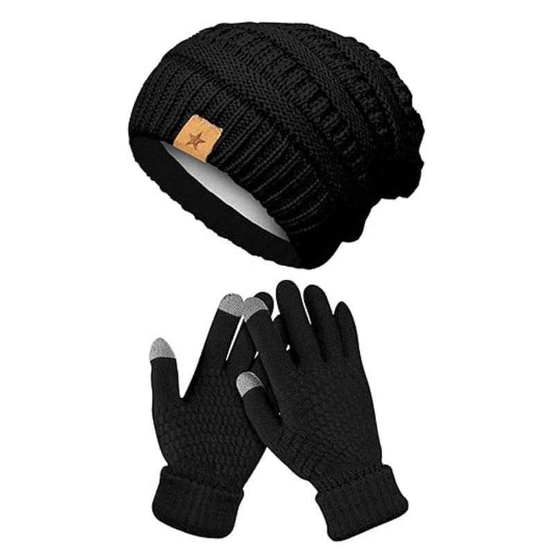 Vintage Cable-Knit Fleece-Lined Beanie & Touchscreen Gloves Set, Women’s Warm Winter Knit Hat 2-Piece Set—Black - Image 1