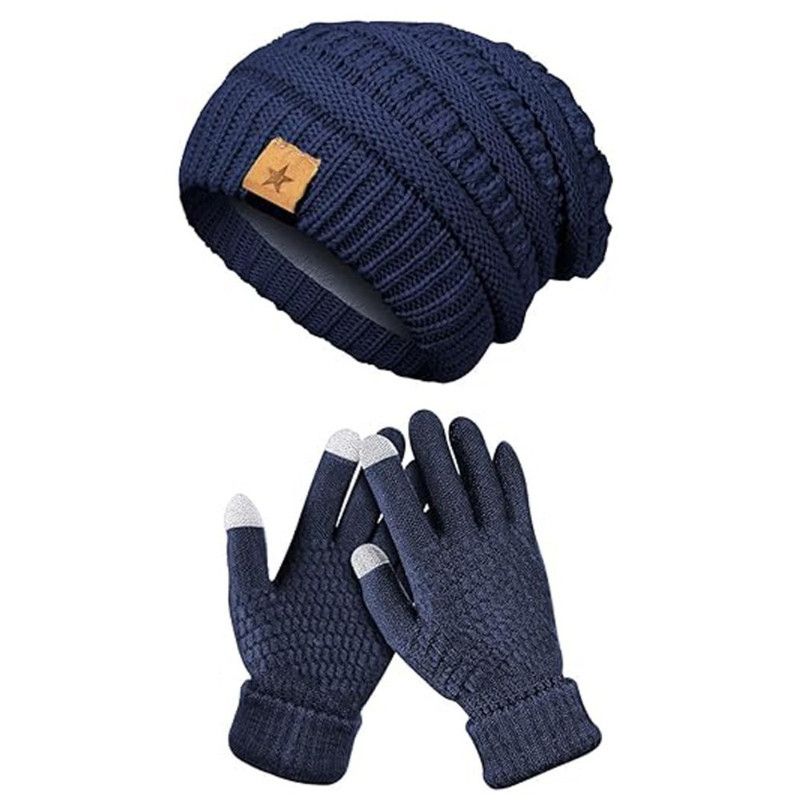 Vintage Cable-Knit Fleece-Lined Beanie & Touchscreen Gloves Set, Women's Warm Winter Knit Hat 2-Piece Set—Navy Blue - Image 1