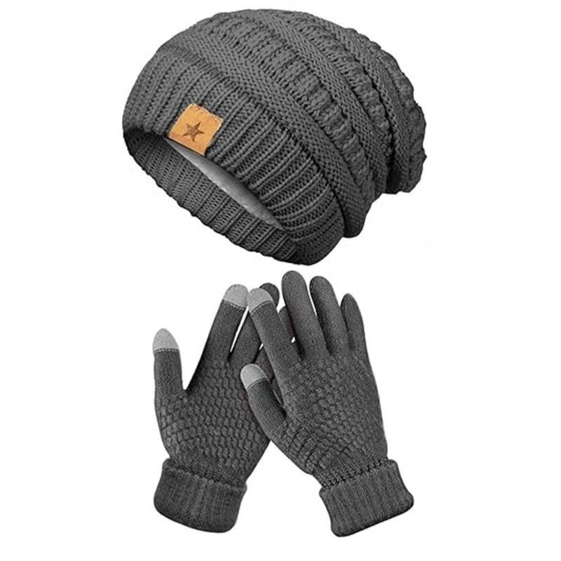 Vintage Cable-Knit Fleece-Lined Beanie & Touchscreen Gloves Set, Women’s Warm Winter Knit Hat 2-Piece Set—Gray - Image 1