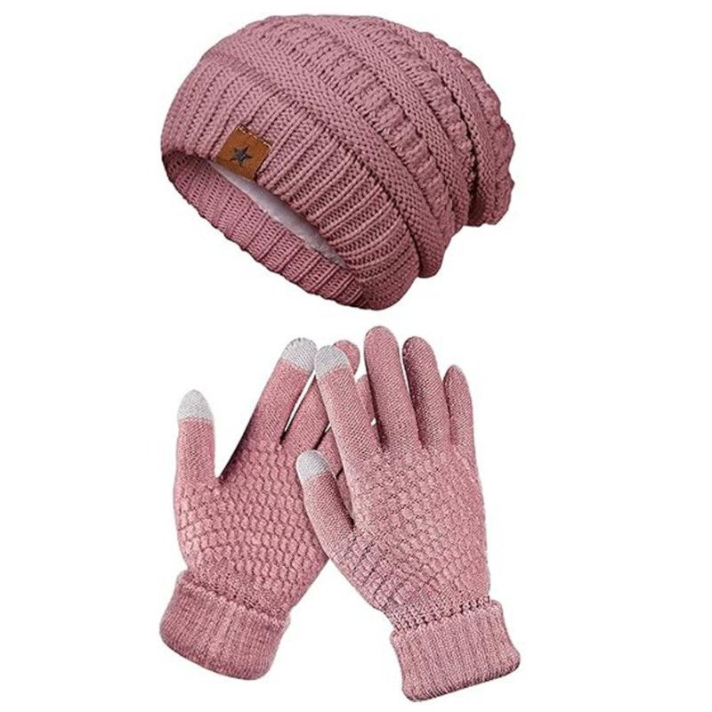 Vintage Cable-Knit Fleece-Lined Beanie & Touchscreen Gloves Set, Women’s Warm Winter Knit Hat 2-Piece Set—Pink - Image 1