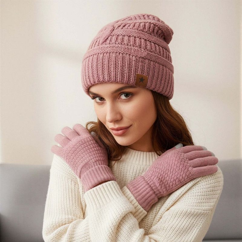 Vintage Cable-Knit Fleece-Lined Beanie & Touchscreen Gloves Set, Women’s Warm Winter Knit Hat 2-Piece Set—Pink - Image 3