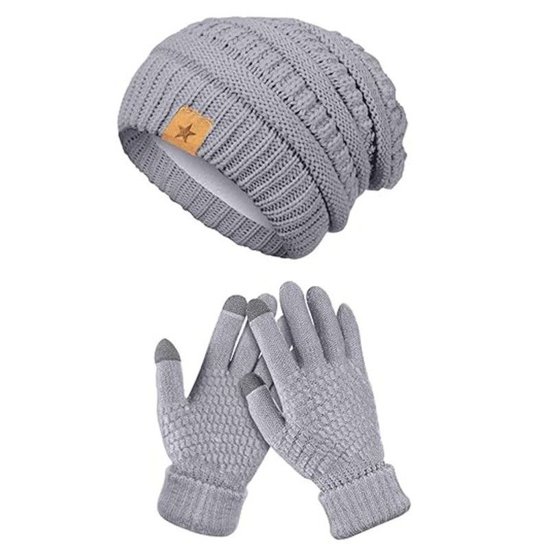 Vintage Cable-Knit Fleece-Lined Beanie & Touchscreen Gloves Set, Women’s Warm Winter Knit Hat 2-Piece Set—Light Gray - Image 1