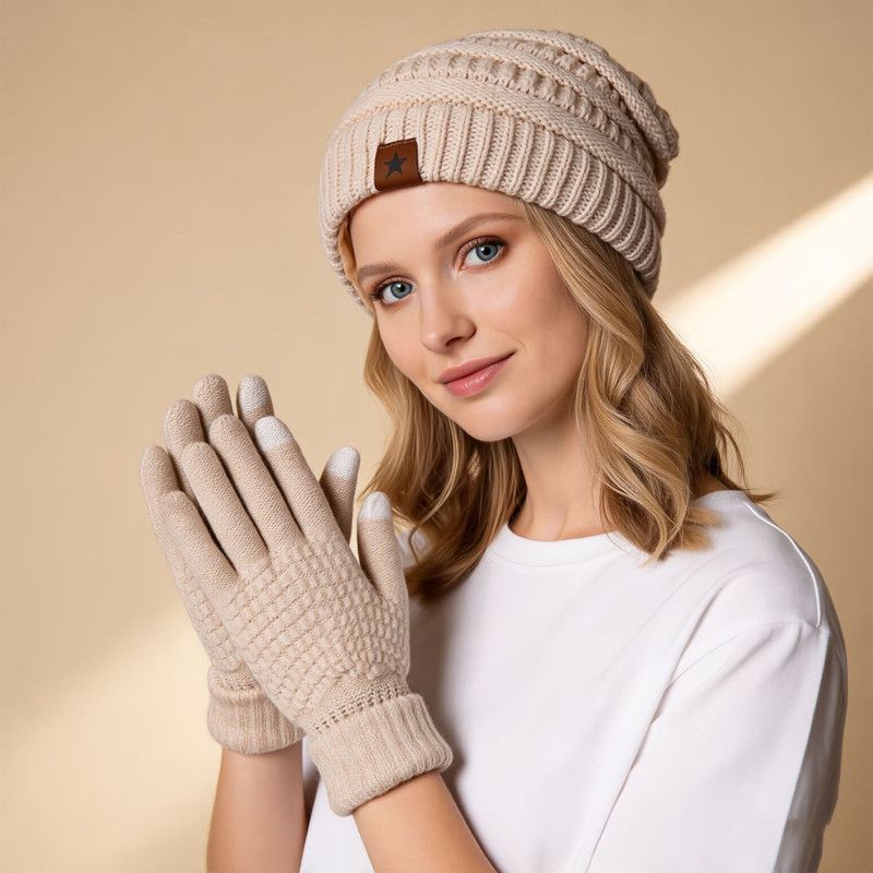 Vintage Cable-Knit Fleece-Lined Beanie & Touchscreen Gloves Set, Women’s Warm Winter Knit Hat 2-Piece Set—Light Gray - Image 4