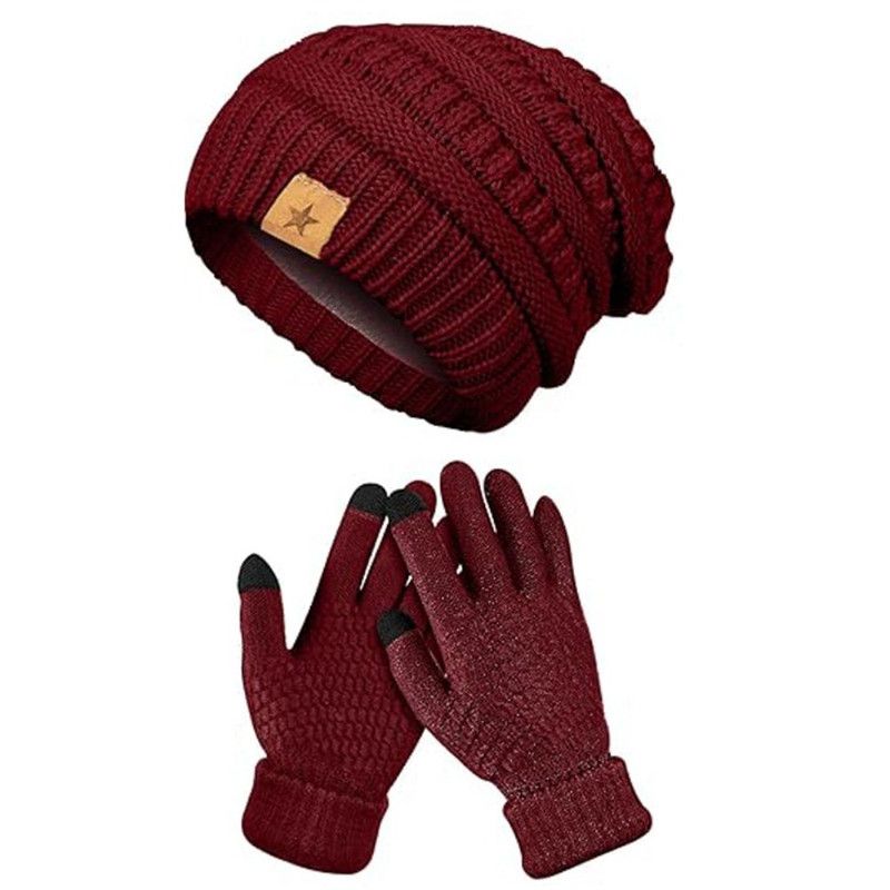 Vintage Cable-Knit Fleece-Lined Beanie & Touchscreen Gloves Set, Women’s Warm Winter Knit Hat 2-Piece Set—Red - Image 1
