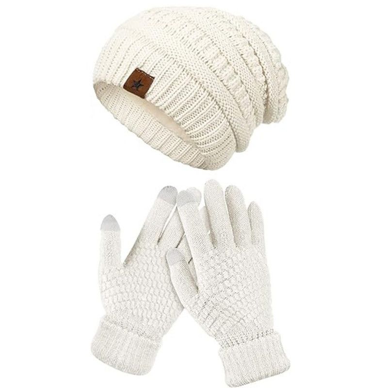 Vintage Cable-Knit Fleece-Lined Beanie & Touchscreen Gloves Set, Women's Warm Winter Knit Hat 2-Piece Set—White - Image 1