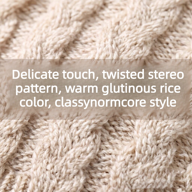 Vintage Cable-Knit Fleece-Lined Beanie & Touchscreen Gloves Set, Women's Warm Winter Knit Hat 2-Piece Set—White - Image 2