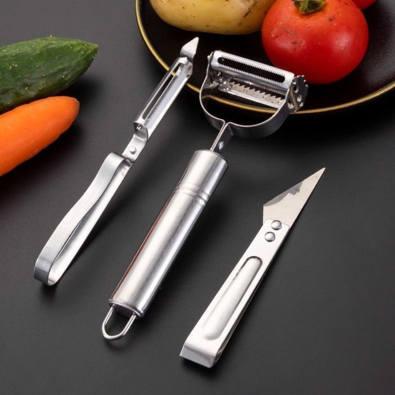 Stainless Steel Multi-function Peeler 3 Pcs Set, Fruit Vegetable Slicer Shaver & Tweezers Kitchen Tool Kit - Image 1