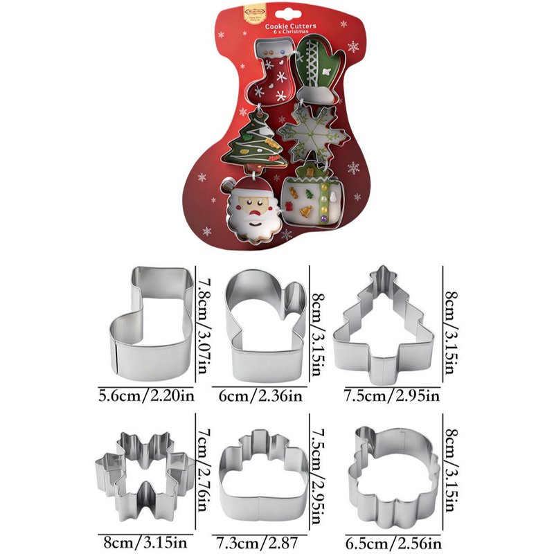 Stainless Steel Christmas Cookie Cutter 6-Piece Set, Holiday DIY Baking Molds for Cookies & Fondant—Christmas Stocking - Image 2
